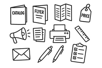 Hand-Drawn Marketing Elements. Marketing Materials. Hand-drawn doodle illustration catalog, flyer, brochure, poster, price tag, megaphone, paper sheets,