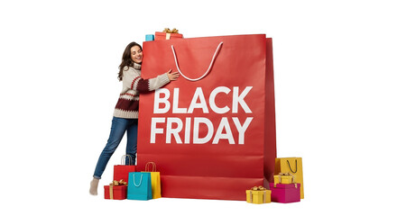 Woman hugging a giant black friday shopping bag with small gift boxes, isolated on transparent background