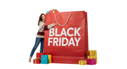 Woman hugging a giant black friday shopping bag with small gift boxes, isolated on transparent background