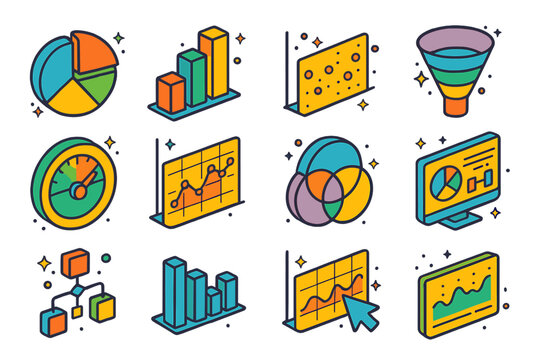 Colorful Data Visualization Icons. Colorful isometric vector icons set of Data visualization tools: colorful pie chart, stacked bar graph, scatter plot chart,