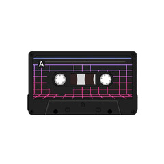 Naklejka premium A black audio cassette tape featuring a vibrant retro-futuristic pink and purple grid design on its label, set against a white background.