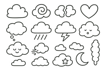 Obraz premium Doodle Cloud Shapes. Hand-drawn doodle illustration Cloud Shapes cloud puff, spiral cloud, broken cloud, heart-shaped cloud, thought bubble, rain cloud,