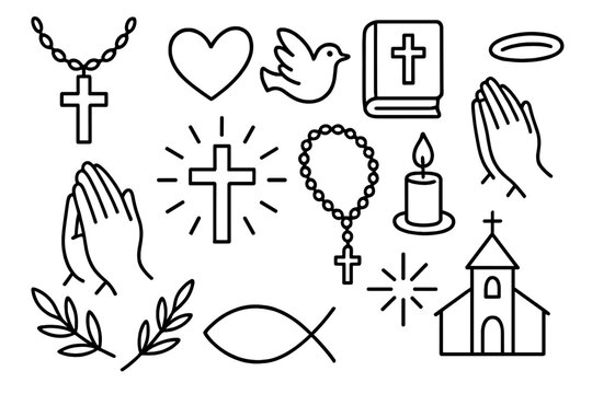 Christian Symbol Doodles. Hand-drawn doodle illustration Christian cross necklace cross, chain, pendant, heart, dove, Bible, praying hands, rosary, star, fish