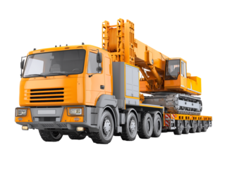 Orange Heavy-Duty Crane Truck on Lowboy Trailer, 3D Render