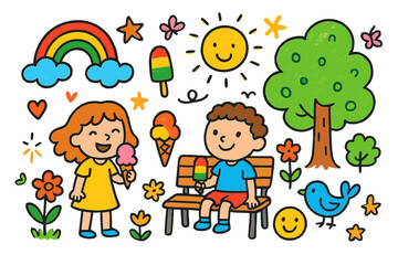 Naklejka premium Park Ice Cream Adventure. Colorful Hand-drawn doodle Children illustration Ice Cream at the Park [ice cream cone, popsicle, park bench, child, tree, flower,