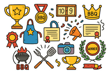 Colorful BBQ Awards. Colorful Hand-drawn doodle Children illustration BBQ competition trophies and awards golden trophy, medal, ribbon, BBQ crown, chef apron