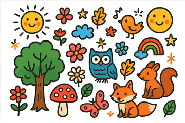 Whimsical Forest Doodles. Colorful Hand-drawn doodle Children illustration Deep Forest [tree, owl, fox, mushroom, leaf, flower, butterfly, bird, squirrel,