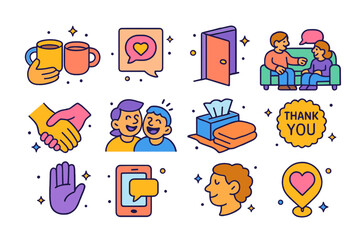 Supportive Conversations Icons. Colorful isometric vector icons set of supportive conversations: tea mug between friends, comforting quote card, open door