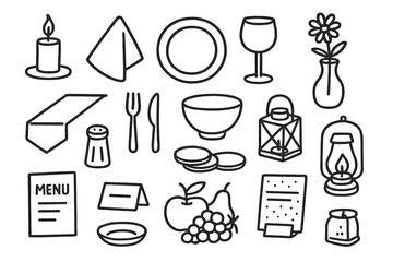 Table Decoration Icons. Hand-drawn doodle illustration Table decorations candle, napkin, plate, glass, flower vase, cutlery, table runner, salt shaker,