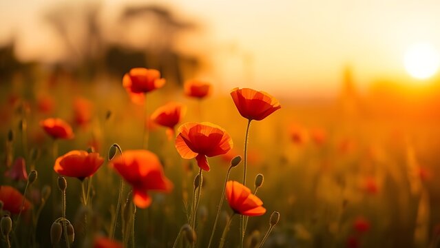 A serene sunset field filled with vibrant red poppies, bathed in warm golden light.