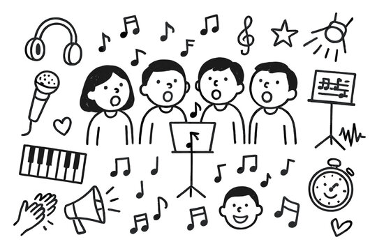 Choir Rehearsal Doodle. Hand-drawn doodle illustration Group singing practice choir of people, microphone, music stand, sheet music, treble clef, headphones,