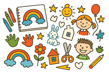 Fototapeta premium Creative Kids' Art Supplies. Colorful Hand-drawn doodle Children illustration Creative Kids drawing pad, crayons, colorful handprints, smiling kids, paper