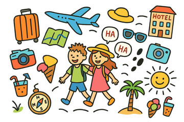 Children's Travel Adventure. Colorful Hand-drawn doodle Children illustration Friends Travel Adventure suitcase, plane, hats, map, sunglasses, camera, hotel,
