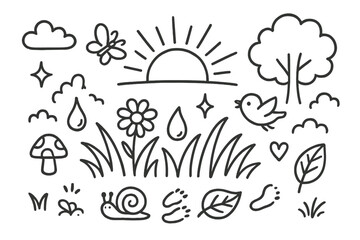 Obraz premium Sunrise Meadow Doodle. Hand-drawn doodle illustration Dewy meadow at sunrise [grass patch, flower, droplet, sun rays, tree, bird, butterfly, cloud, star,