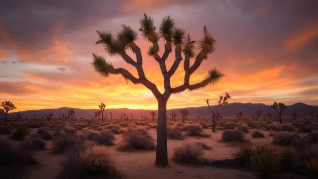 Experience the vibrant desert sunset with the silhouette of a Joshua Tree in the Mojave, perfect for travel blogs, nature documentaries and western themed projects