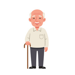 Happy elderly man smiling, standing with a walking stick.