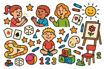 Playful Learning Scene. Colorful Hand-drawn doodle Children illustration Group Game Learning kids clapping, dice, cards, stars, board game, smiley face,