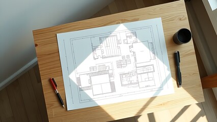 Minimalist architectural design spread on a wooden table, showcasing clean lines and natural light.