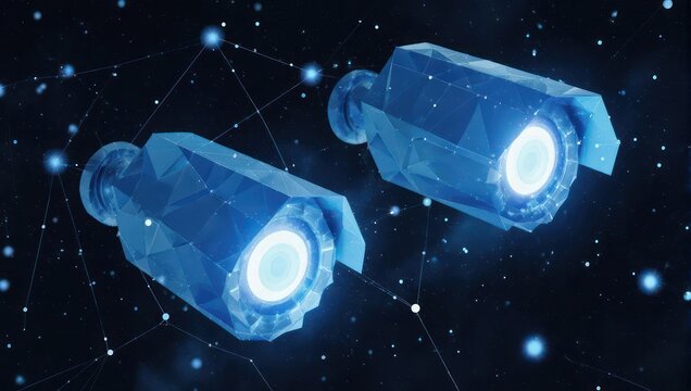 Futuristic security cameras protect data with advanced technology and digital network, symbolizing innovation and vigilance in the modern era