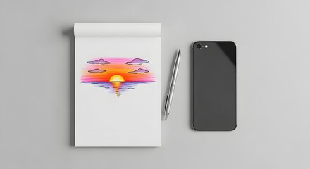 Artistic Sunset Illustration on a Sketchpad Near a Smartphone