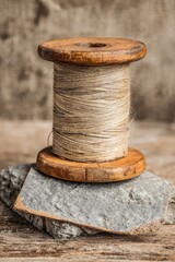 Vintage Wooden Thread Spool On Stone