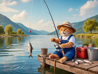 little boy cat fishing