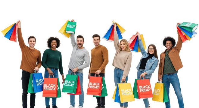 Group of happy diverse people holding shopping bags with black friday sale message, isolated on transparent background
