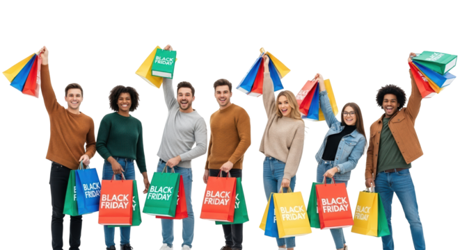 Group of happy diverse people holding shopping bags with black friday sale message, isolated on transparent background