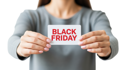 Woman holding a card with the text black friday in red letters, isolated on transparent background