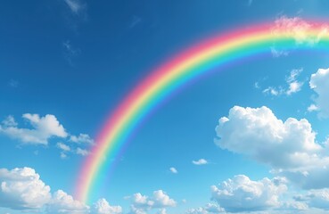 Vibrant rainbow arches across clear blue sky dotted with fluffy white clouds. Atmospheric scene captures beauty of nature after rain, hope, good fortune. Colorful spectrum offers visually stunning