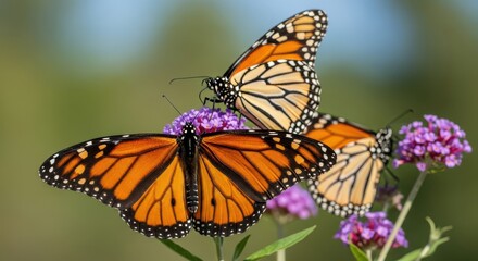 Fototapeta premium Monarch butterflies gather on purple flowers in a sunny meadow
