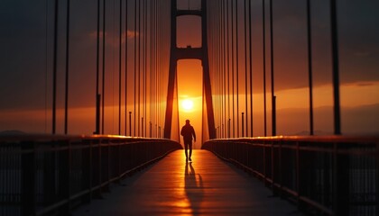 Silhouette of single person walking on suspension bridge at sunset. Warm golden light reflects on walkway. Dramatic orange sky, vast horizon. Peaceful solitary journey, contemplative mood,
