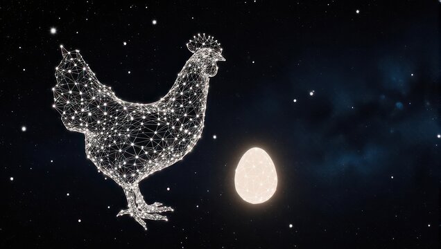 A geometric chicken with glowing egg against a vast, glittering cosmos ignites imagination and offers a fresh take on classic themes of creation and potential