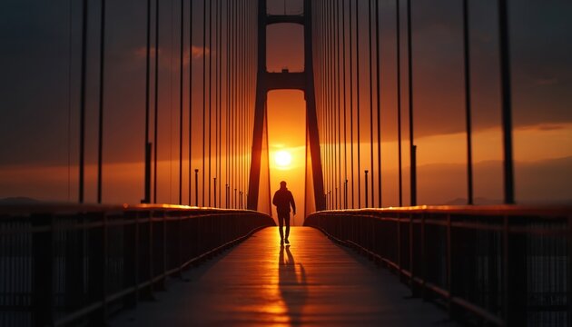 Silhouette of single person walking on suspension bridge at sunset. Warm golden light reflects on walkway. Dramatic orange sky, vast horizon. Peaceful solitary journey, contemplative mood,