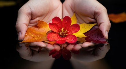Hands gently hold autumn leaves and a vibrant red flower
