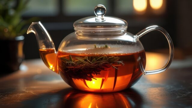 Elegant glass teapot filled with amber tea and herbs, a warming candle glowing softly inside, creating a calming and inviting ambiance, perfect for wellness