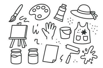 Art Tools Doodle. Hand-drawn doodle illustration painter brush, palette, paint tube, easel, smock, canvas, bucket, hand, water jar, paper, roller, sketch