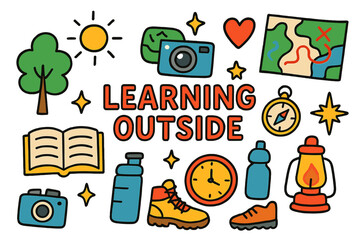 Outdoor Adventure Doodles. Learning outside. Colorful Hand-drawn doodle Children illustration book, map, compass, guide, tree, sun, star, heart, sparkle,