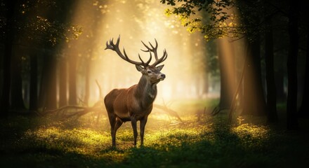 Majestic stag standing in sunbeams within a lush forest