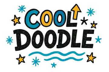 Playful Doodle Art. Cool Doodle ? Doodle/Sketch style, playful hand-drawn letters with arrows, snowflakes, waves, and stars, casual loose composition, no