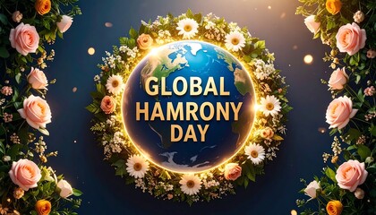 Earth globe, framed by flowers, celebrating Global Harmony Day