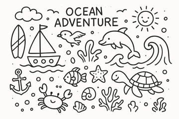 Ocean Adventure Doodles. Hand-drawn doodle illustration Ocean adventure [boat, surfboard, wave, anchor, seagull, dolphin, fish, starfish, shell, crab, turtle,