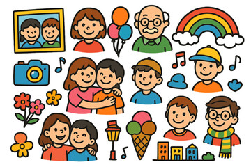 Joyful Street Doodles. Colorful Hand-drawn doodle Children illustration Street portraits and smiles camera, photo frame, balloons, children smiling,