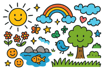 Sunrise Spring Doodle. Colorful Hand-drawn doodle Children illustration Springs at Sunrise glowing sun, rainbow, sparkles, rocks, water, flower, butterfly,