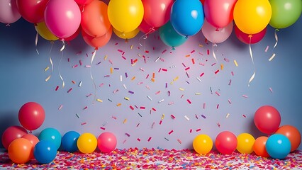 A vibrant celebration setup with floating balloons and confetti, evoking joy and festivity.