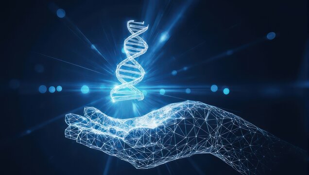 Futuristic DNA innovation with glowing hand, science breakthroughs and genetic engineering, modern medicine and research for healthcare applications