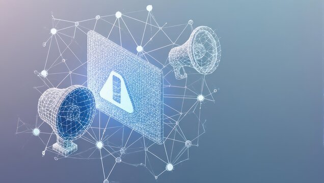 Urgent alert with megaphone and exclamation point for critical notifications in modern tech network, perfect for cybersecurity or important communication campaigns