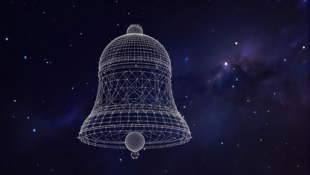 Ethereal bell outline shimmers against a cosmic backdrop, perfect for festive promotions, spiritual concepts, or cutting-edge technology designs
