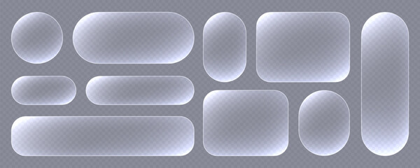 Transparent glass buttons, white clear banners. Futuristic interface templates for web design. Vector illustration.