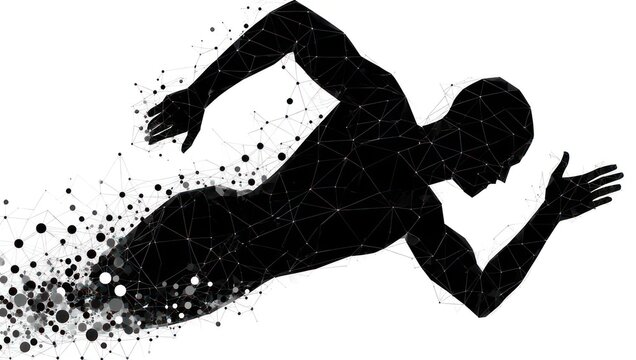 Dynamic abstract runner silhouette sprinting forward with geometric connections, symbolizing motion, speed, and technological advancement in sports